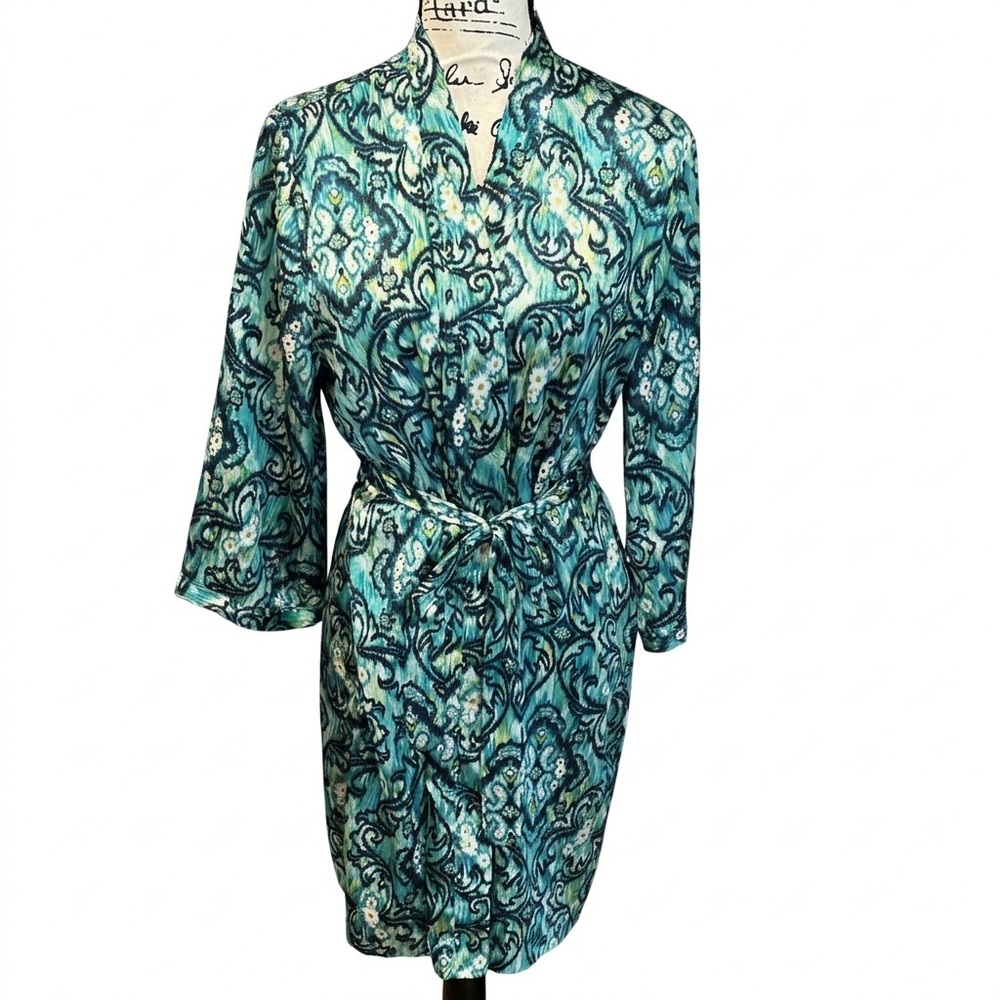 LIZ CLAIBORNE Turquoise Patterned Belted bathrobe MEDIUM EUC